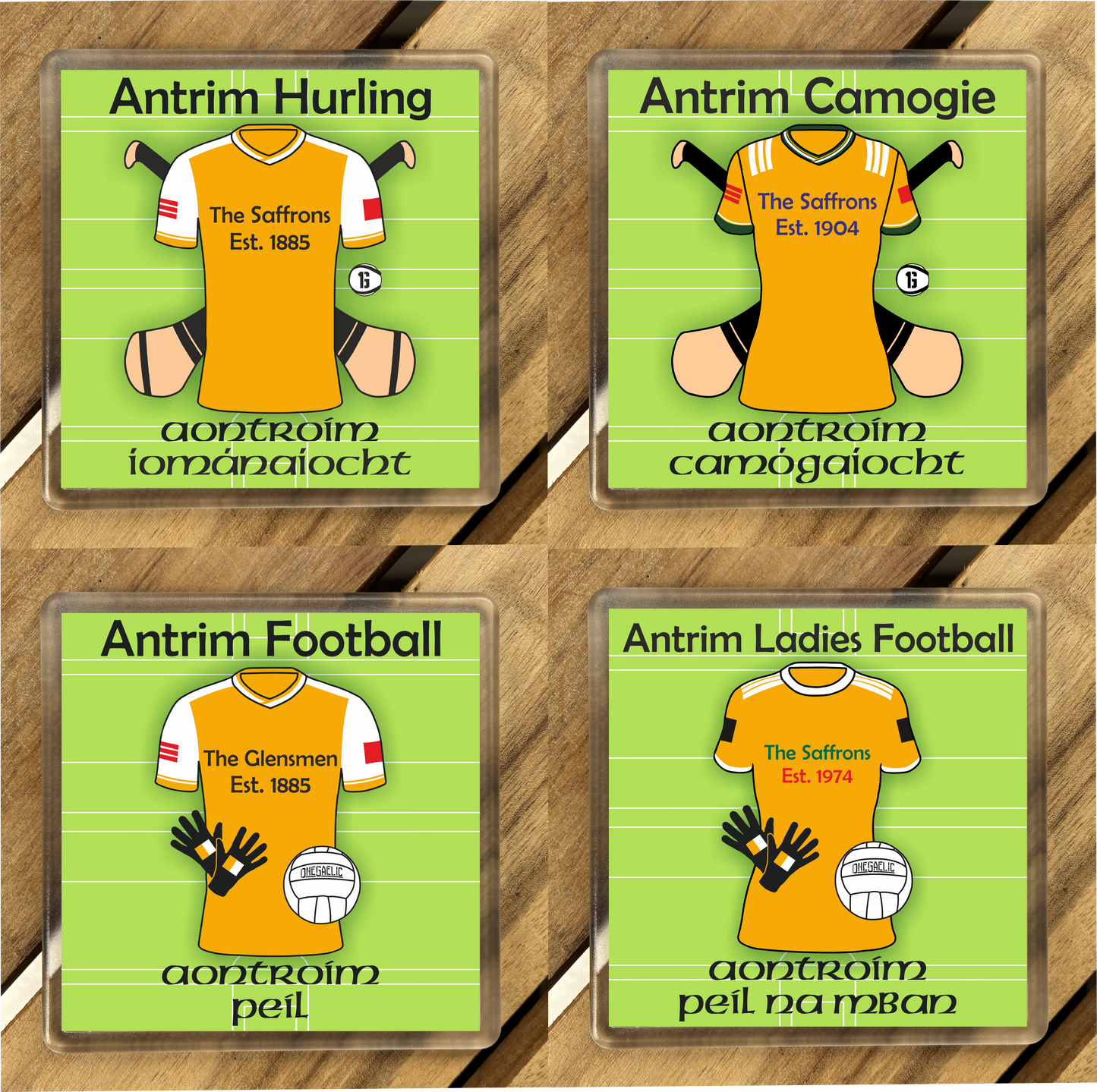 County Antrim GAA Coasters. Hurling, Camogie, Gaelic Football, & Ladies Gaelic Football. Gaelic Games, drinks coasters.