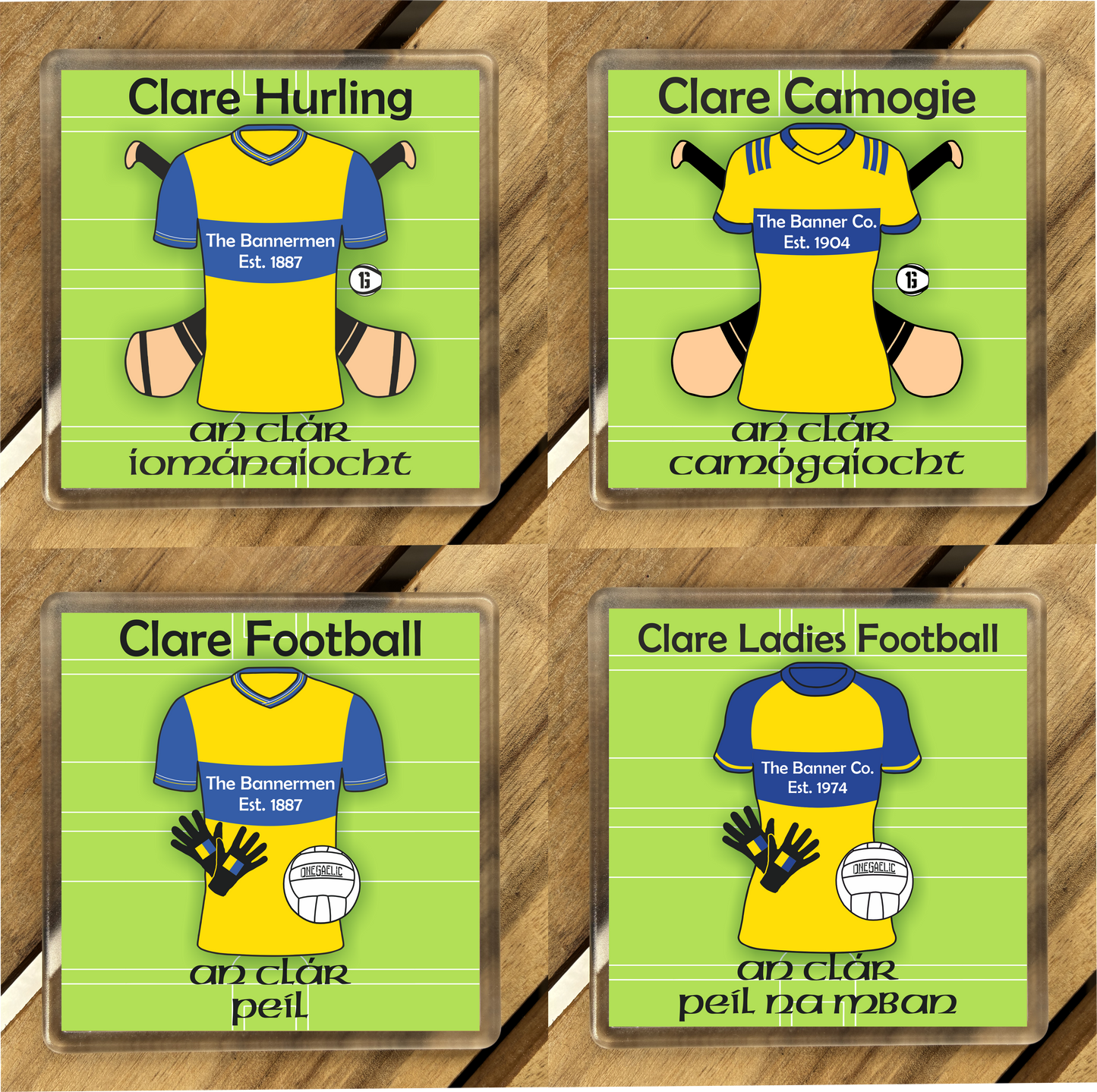 Set of 4 County Clare GAA Coasters. Hurling, Camogie, Gaelic Football, & Ladies Gaelic Football. Gaelic Games, drinks coasters.