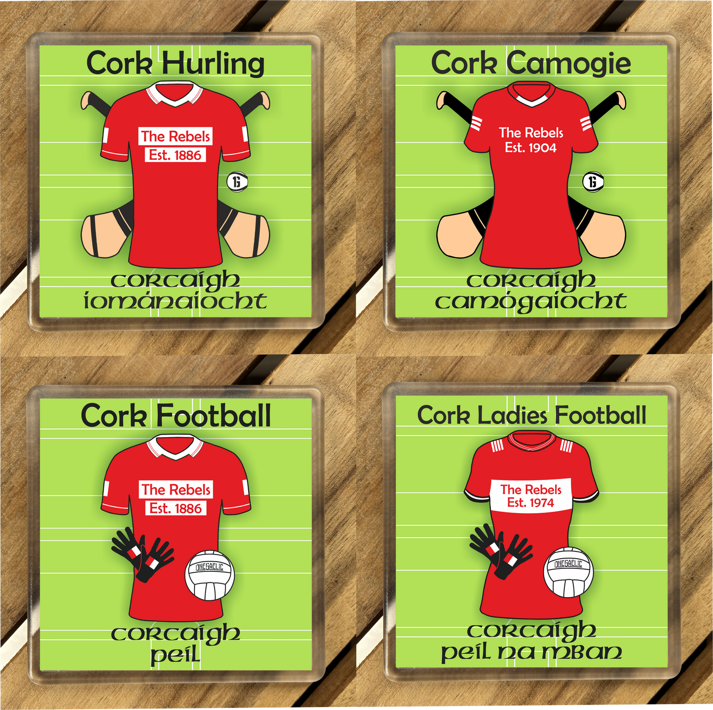 County Cork GAA Coasters. Hurling, Camogie, Gaelic Football, & Ladies Gaelic Football. Gaelic Games, drinks coasters.