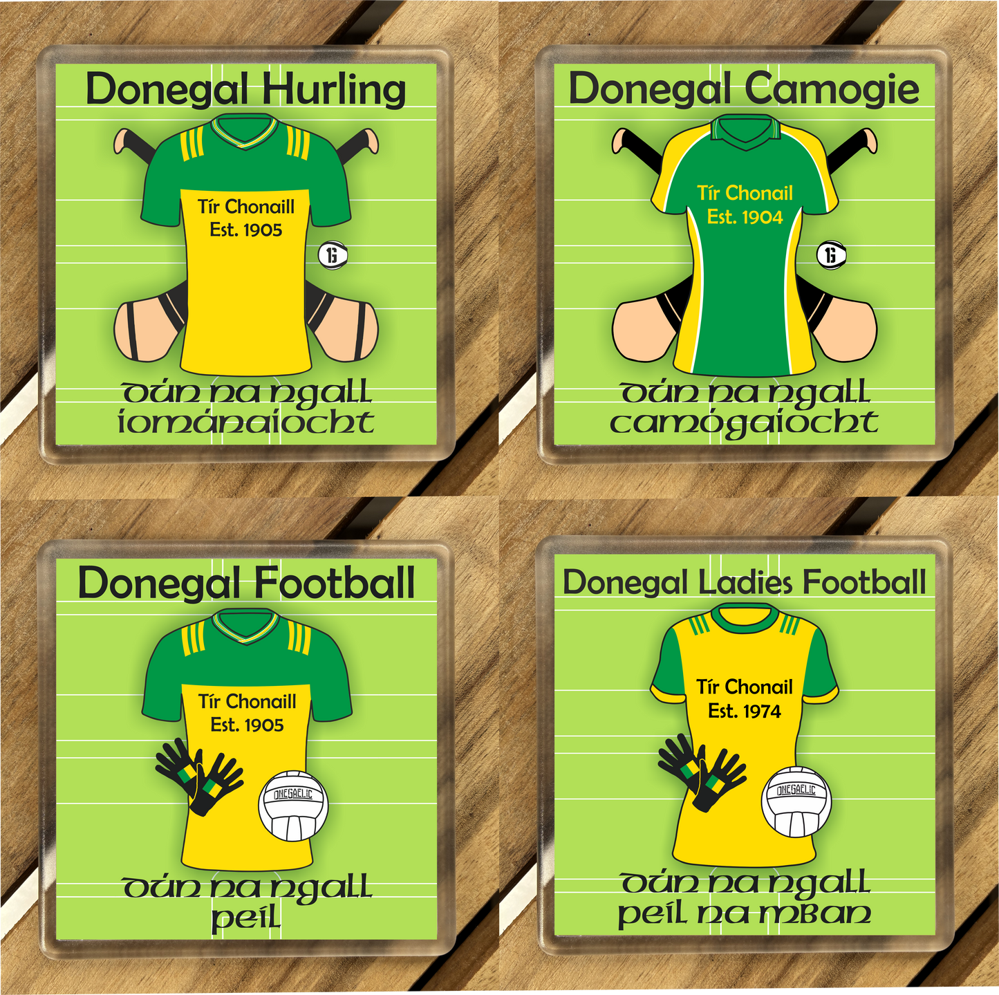 County Donegal GAA Coasters. Hurling, Camogie, Gaelic Football, & Ladies Gaelic Football. Gaelic Games, drinks coasters.
