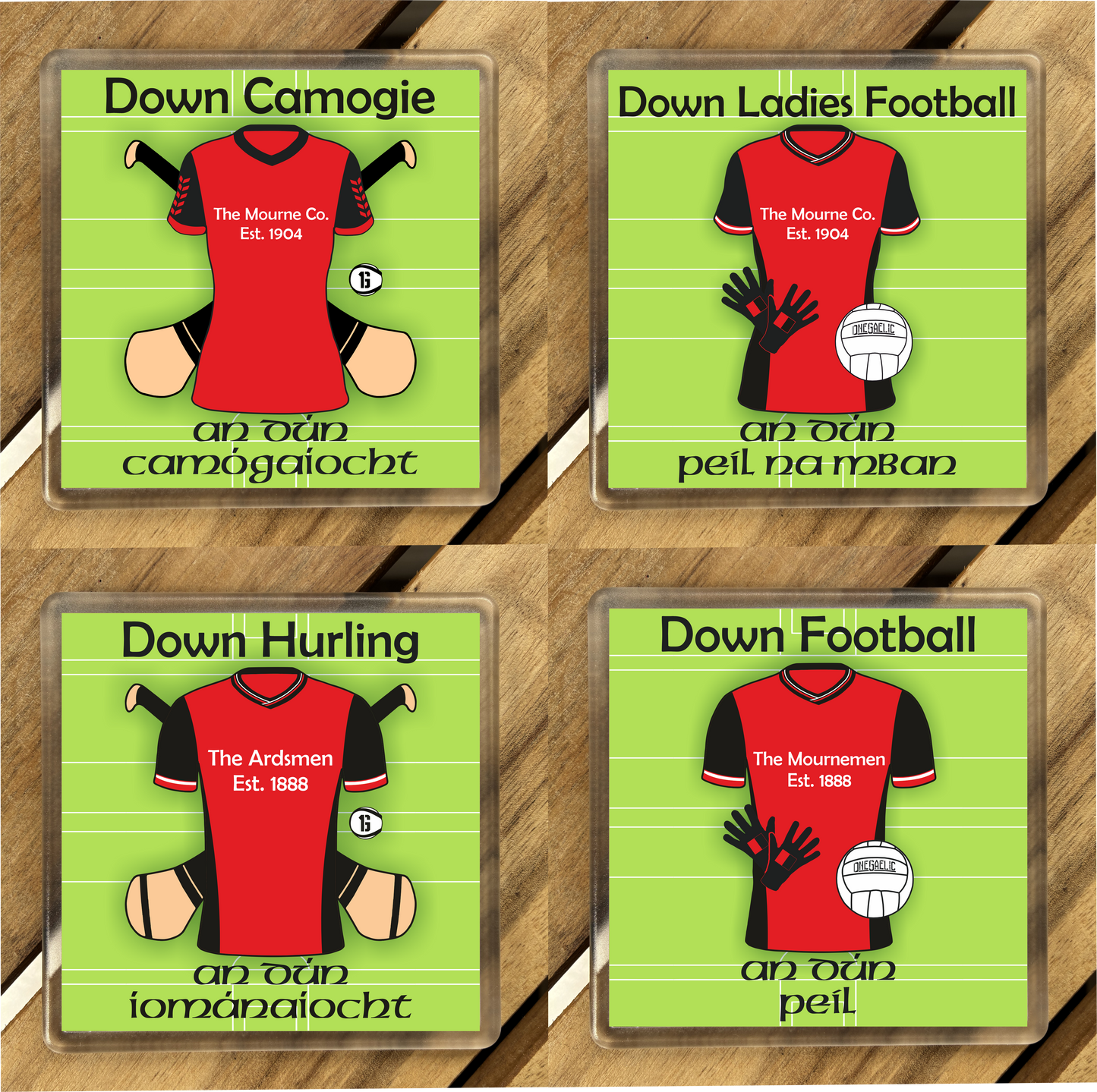 County Down GAA Coasters. Hurling, Camogie, Gaelic Football, & Ladies Gaelic Football. Gaelic Games, drinks coasters.