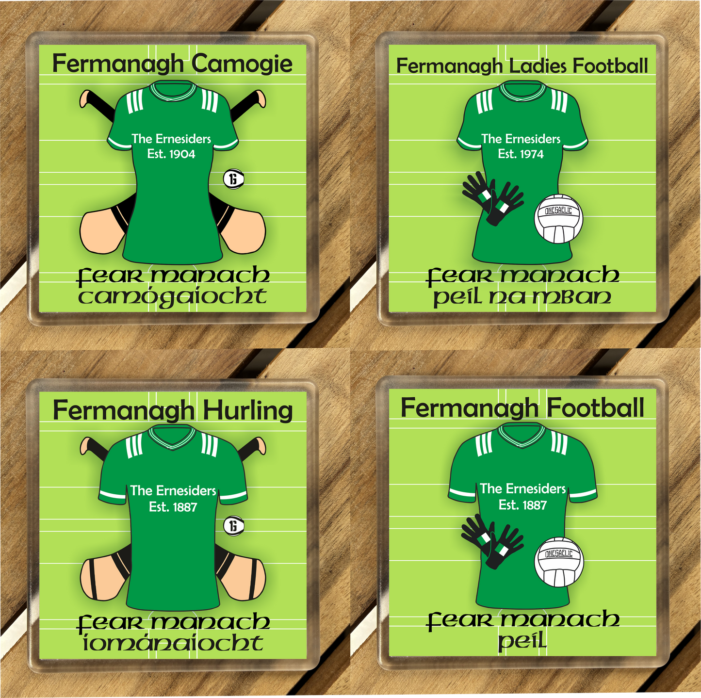 County Fermanagh GAA Coasters. Hurling, Camogie, Gaelic Football, & Ladies Gaelic Football. Gaelic Games, drinks coasters.