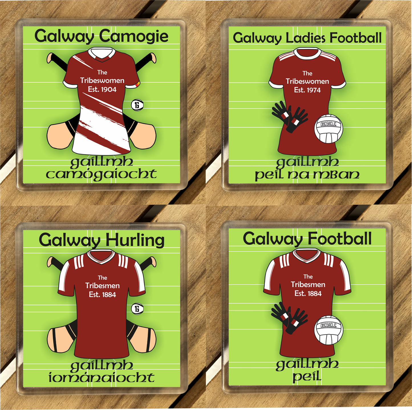 County Galway GAA Coasters. Hurling, Camogie, Gaelic Football, & Ladies Gaelic Football. Gaelic Games, drinks coasters.
