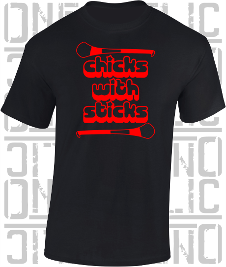 Chicks With Sticks, Camogie T-Shirt - Adult - Down