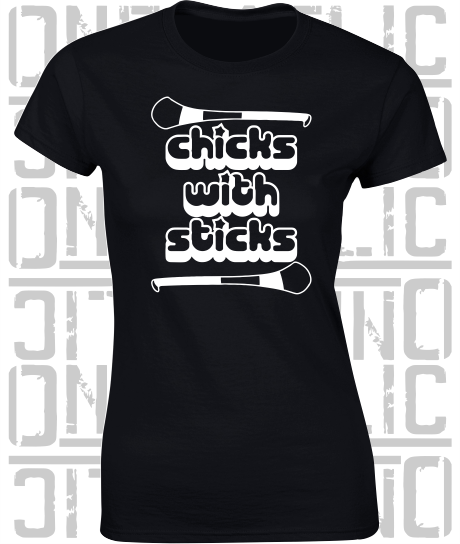 Chicks With Sticks, Camogie Ladies Skinny-Fit T-Shirt - Kildare