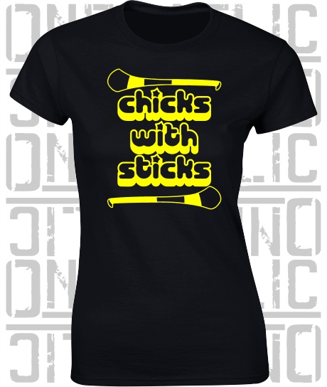 Chicks With Sticks, Camogie Ladies Skinny-Fit T-Shirt - Kilkenny