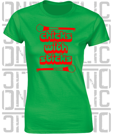 Chicks With Sticks, Camogie Ladies Skinny-Fit T-Shirt - Mayo