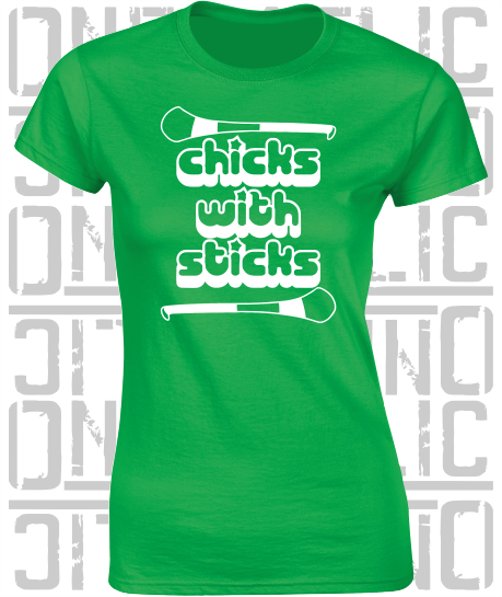 Chicks With Sticks, Camogie Ladies Skinny-Fit T-Shirt - Fermanagh