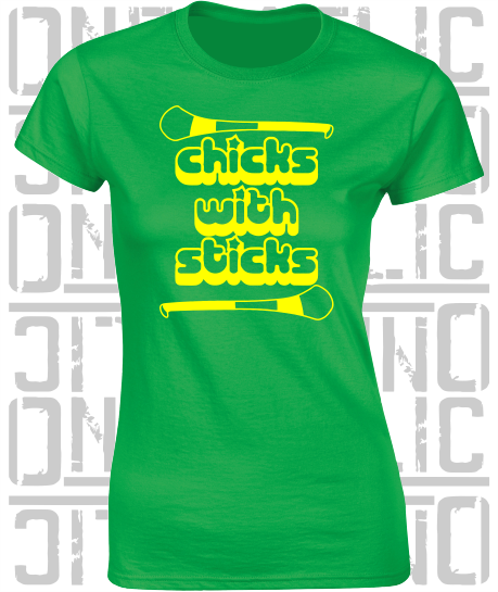 Chicks With Sticks, Camogie Ladies Skinny-Fit T-Shirt - Meath