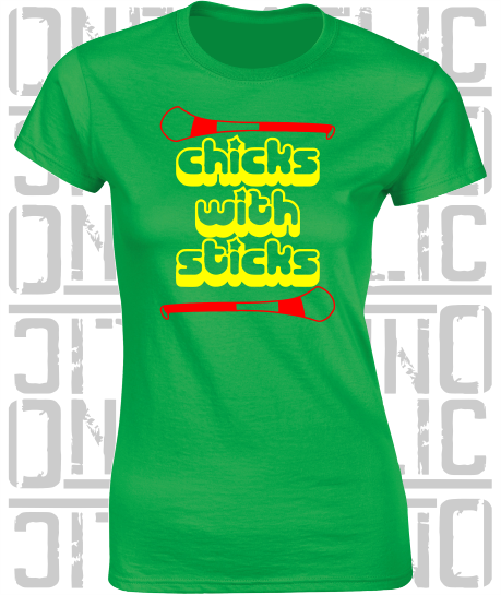 Chicks With Sticks, Camogie Ladies Skinny-Fit T-Shirt - Carlow