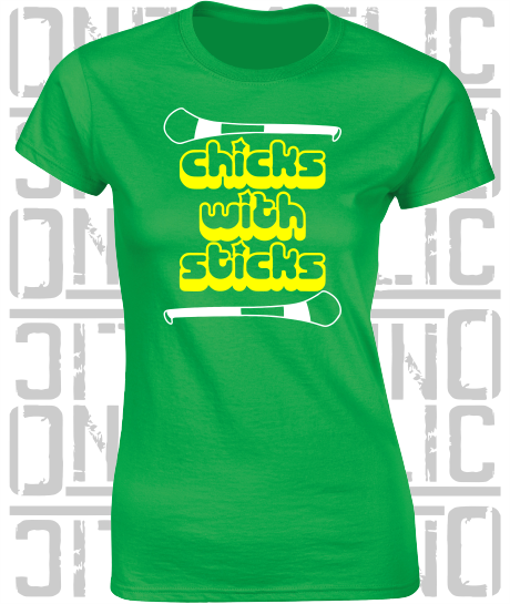 Chicks With Sticks, Camogie Ladies Skinny-Fit T-Shirt - Offaly