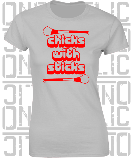 Chicks With Sticks, Camogie Ladies Skinny-Fit T-Shirt - Louth