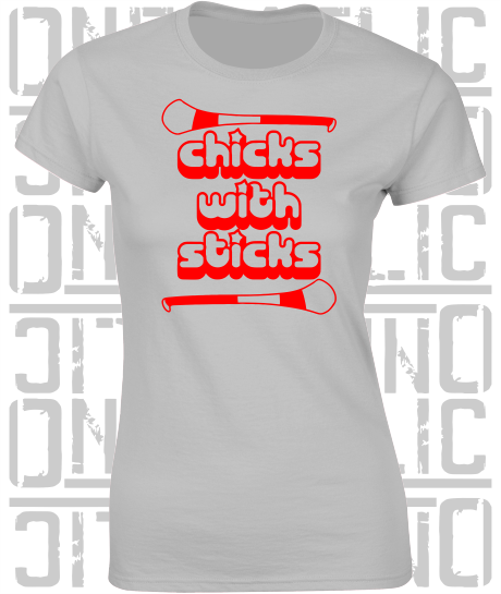 Chicks With Sticks, Camogie Ladies Skinny-Fit T-Shirt - Tyrone