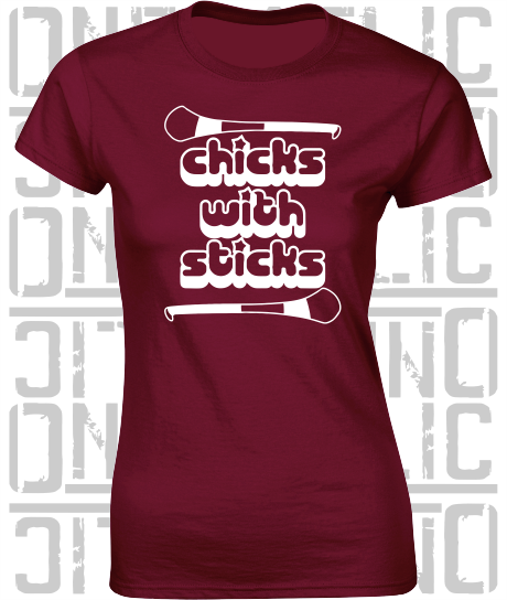 Chicks With Sticks, Camogie Ladies Skinny-Fit T-Shirt - Westmeath