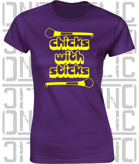 Chicks With Sticks, Camogie Ladies Skinny-Fit T-Shirt - Wexford