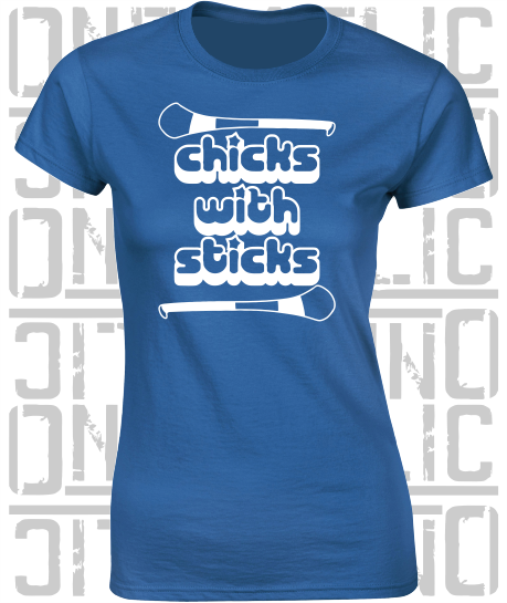 Chicks With Sticks, Camogie Ladies Skinny-Fit T-Shirt - Monaghan