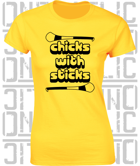Chicks With Sticks, Camogie Ladies Skinny-Fit T-Shirt - Kilkenny