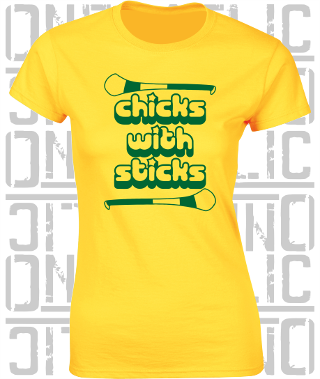 Chicks With Sticks, Camogie Ladies Skinny-Fit T-Shirt - Meath