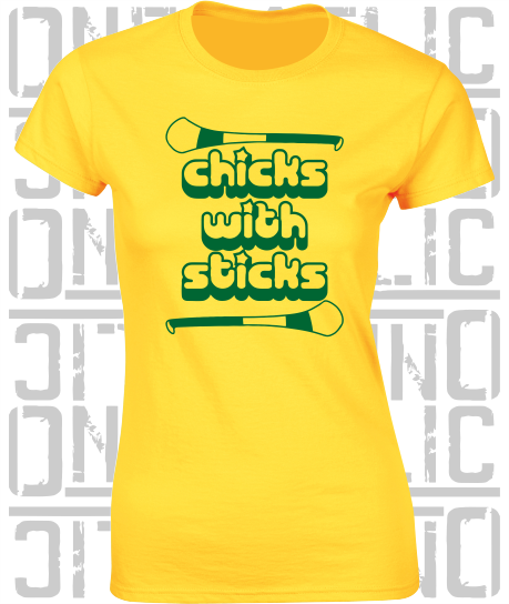 Chicks With Sticks, Camogie Ladies Skinny-Fit T-Shirt - Kerry
