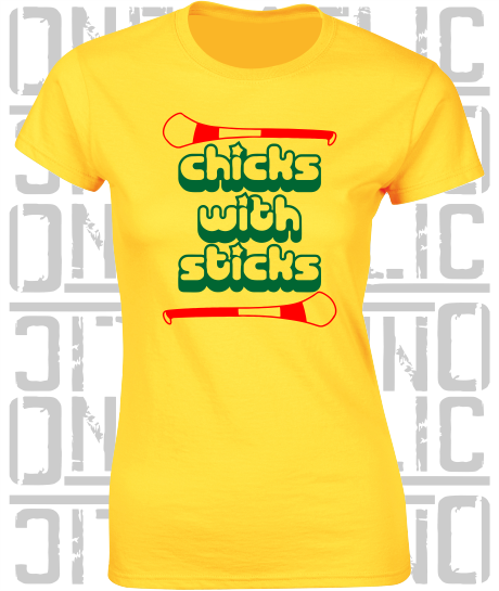 Chicks With Sticks, Camogie Ladies Skinny-Fit T-Shirt - Carlow