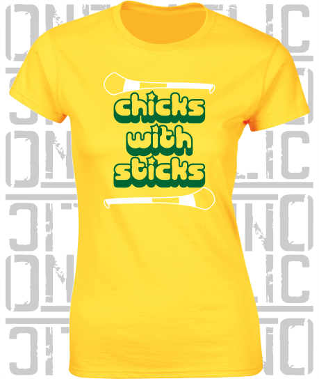 Chicks With Sticks, Camogie Ladies Skinny-Fit T-Shirt - Offaly