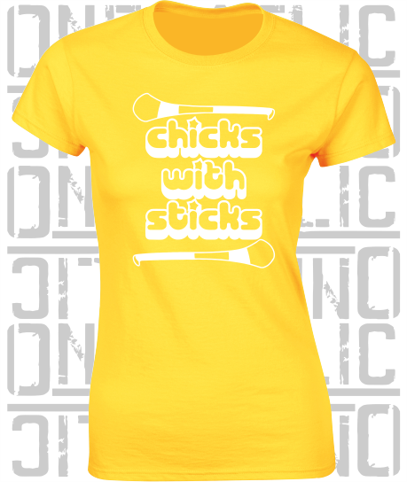 Chicks With Sticks, Camogie Ladies Skinny-Fit T-Shirt - Antrim