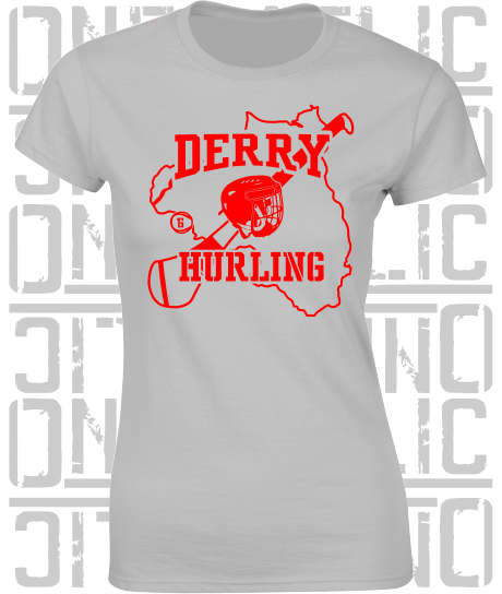 County Map Hurling Ladies Skinny-Fit T-Shirt - Derry