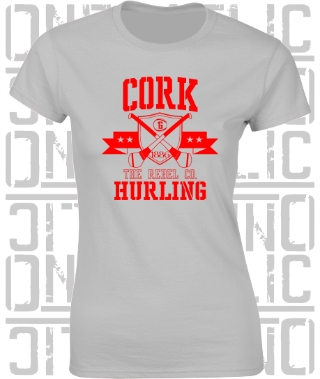 Crossed Hurls Hurling T-Shirt - Ladies Skinny-Fit - Cork