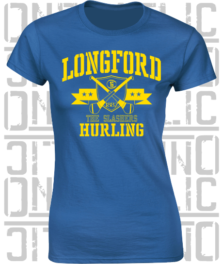 Crossed Hurls Hurling T-Shirt - Ladies Skinny-Fit - Longford