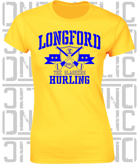 Crossed Hurls Hurling T-Shirt - Ladies Skinny-Fit - Longford