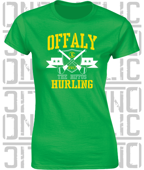 Crossed Hurls Hurling T-Shirt - Ladies Skinny-Fit - Offaly