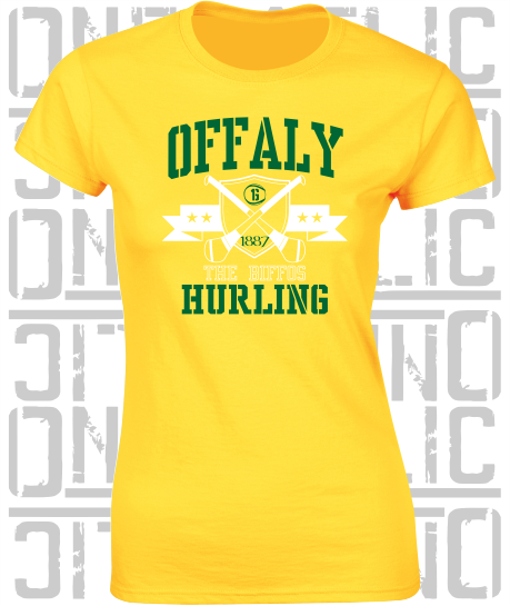 Crossed Hurls Hurling T-Shirt - Ladies Skinny-Fit - Offaly