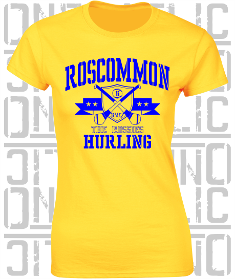 Crossed Hurls Hurling T-Shirt - Ladies Skinny-Fit - Roscommon