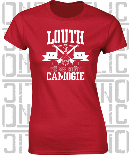 Crossed Hurls Camogie T-Shirt - Ladies Skinny-Fit - Louth