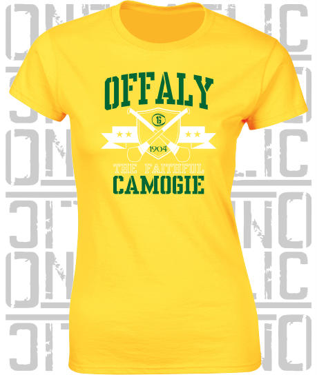 Crossed Hurls Camogie T-Shirt - Ladies Skinny-Fit - Offaly