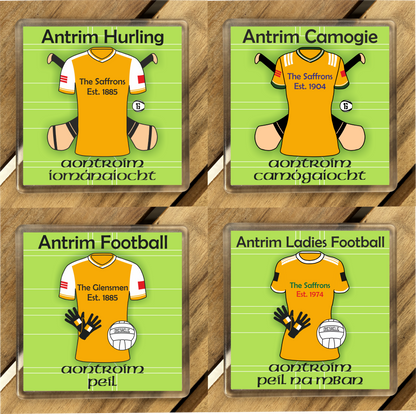 County Antrim GAA Coasters. Hurling, Camogie, Gaelic Football, & Ladies Gaelic Football. Gaelic Games, drinks coasters.