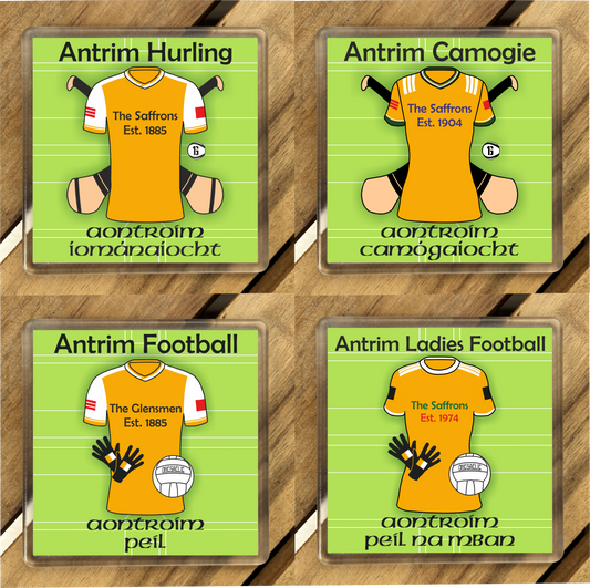 County Antrim GAA Coasters. Hurling, Camogie, Gaelic Football, & Ladies Gaelic Football. Gaelic Games, drinks coasters.