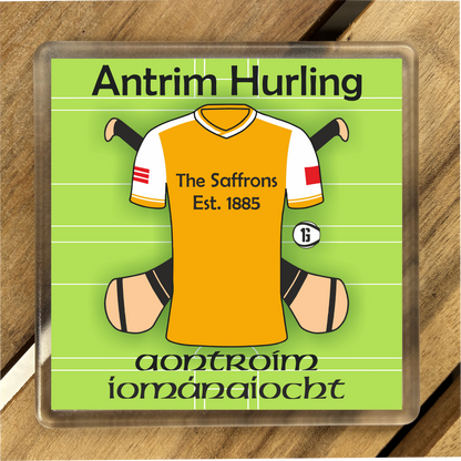 County Antrim  IRL Coasters. Hurling, Camogie, Gaelic Football, & Ladies Gaelic Football. Gaelic Games, drinks coasters.