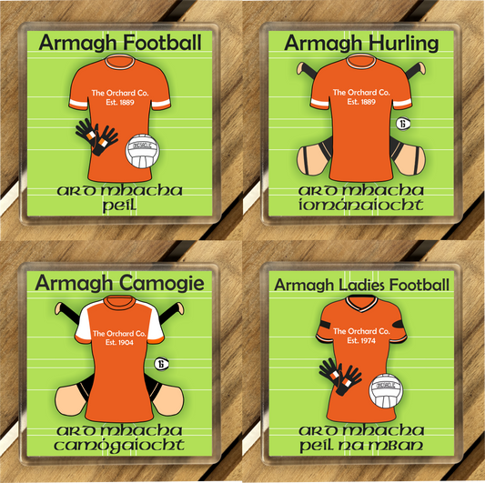 County Armagh GAA Coasters. Hurling, Camogie, Gaelic Football, & Ladies Gaelic Football. Gaelic Games, drinks coasters.