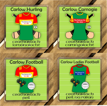 County Carlow GAA Coasters. Hurling, Camogie, Gaelic Football, & Ladies Gaelic Football. Gaelic Games, drinks coasters.