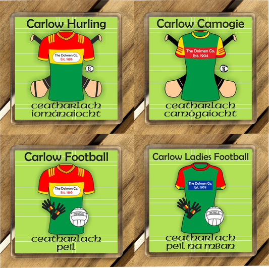 County Carlow GAA Coasters. Hurling, Camogie, Gaelic Football, & Ladies Gaelic Football. Gaelic Games, drinks coasters.