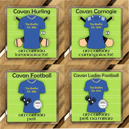 County Cavan GAA Coasters. Hurling, Camogie, Gaelic Football, & Ladies Gaelic Football. Gaelic Games, drinks coasters.