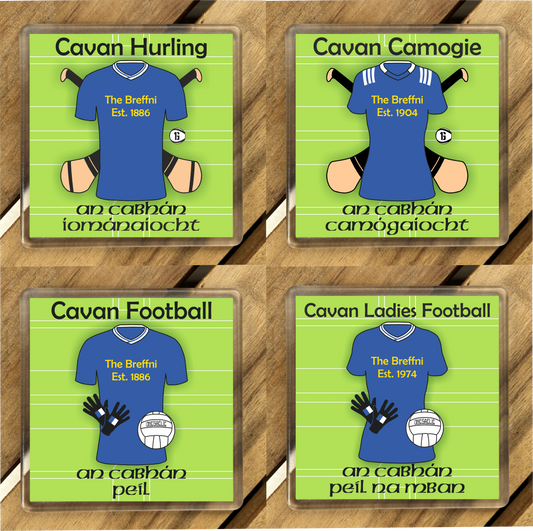 County Cavan GAA Coasters. Hurling, Camogie, Gaelic Football, & Ladies Gaelic Football. Gaelic Games, drinks coasters.