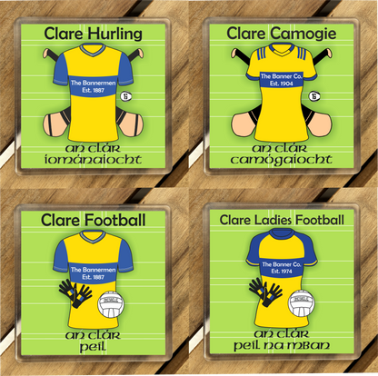 Set of 4 County Clare GAA Coasters. Hurling, Camogie, Gaelic Football, & Ladies Gaelic Football. Gaelic Games, drinks coasters.