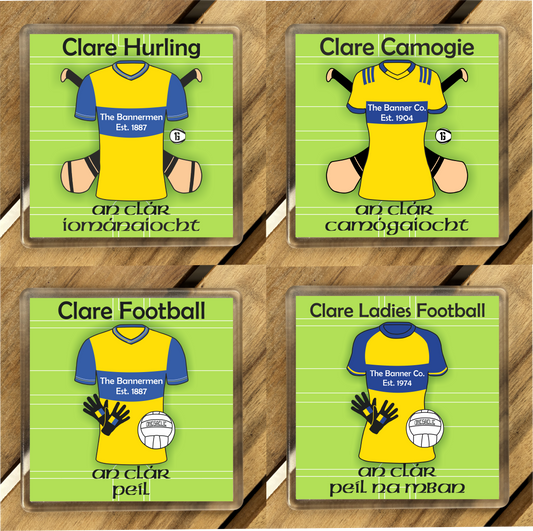 Set of 4 County Clare GAA Coasters. Hurling, Camogie, Gaelic Football, & Ladies Gaelic Football. Gaelic Games, drinks coasters.