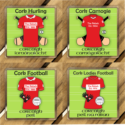 County Cork GAA Coasters. Hurling, Camogie, Gaelic Football, & Ladies Gaelic Football. Gaelic Games, drinks coasters.