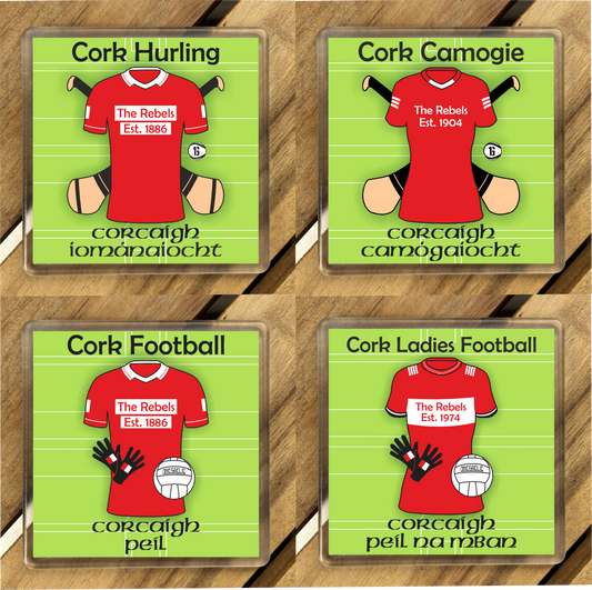 County Cork GAA Coasters. Hurling, Camogie, Gaelic Football, & Ladies Gaelic Football. Gaelic Games, drinks coasters.
