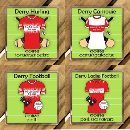 County Derry GAA Coasters. Hurling, Camogie, Gaelic Football, & Ladies Gaelic Football. Gaelic Games, drinks coasters.