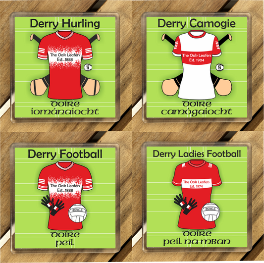 County Derry GAA Coasters. Hurling, Camogie, Gaelic Football, & Ladies Gaelic Football. Gaelic Games, drinks coasters.