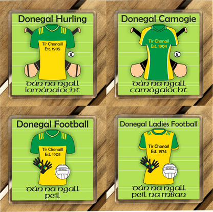 County Donegal GAA Coasters. Hurling, Camogie, Gaelic Football, & Ladies Gaelic Football. Gaelic Games, drinks coasters.